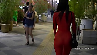 Public Boobs On Display With Red Dress